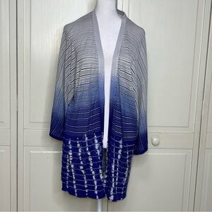 Chicos Travelers Cardigan Size 2X Tie Dyed Blue Ombre Kimono Sleeves Shimer